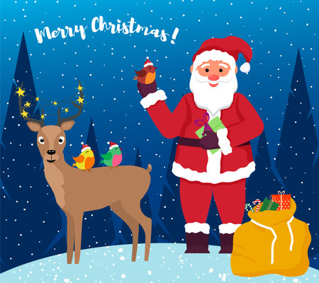 Santa Claus in the winter forest. Deer and birds, a bag of gifts. Christmas illustration template.のイラスト素材