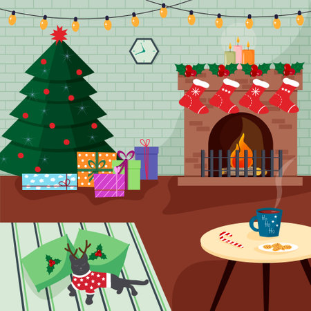 Interior of a room with a fireplace. Christmas tree and gift boxes, table with cookies and cocoa. Cat in a sweater with deer antlers. Christmas and New Year.のイラスト素材