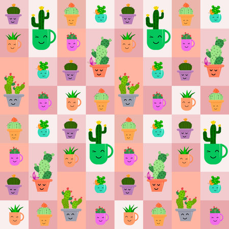 Cute cacti in pots and mugs. Color blocks. Seamless pattern of geometric squares. Vector...