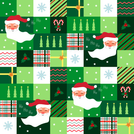Cheerful Santa and Christmas tree. Snowflakes and stars, sweet canes with holly. Seamless pattern of colored blocks. Christmas and New Year.のイラスト素材