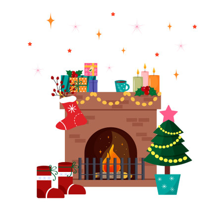 Illustration with fireplace, gifts and fir tree. Christmas stocking, candles and cup of cocoa.のイラスト素材