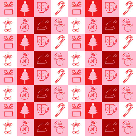 Pattern of squares with Christmas and New Year elements. Christmas tree, bell, balls and gifts, cup and cane.のイラスト素材