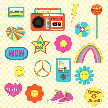 Classic retro elements from the 80s and 90s. A set of bright illustrations - a stereo tape recorder and CDs, sneakers, cassettes, bright flowers and smiley faces, a lollipop.のイラスト素材