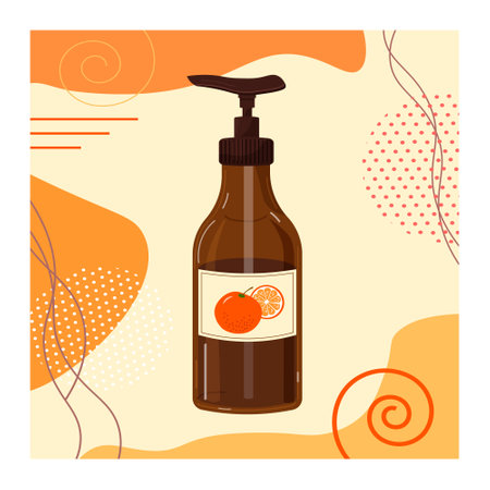 Hand and shower gel, shampoo, liquid soap - with orange aroma. Cosmetic bottle with dispenser. Cosmetology and hygiene, spa treatments. Vector.のイラスト素材