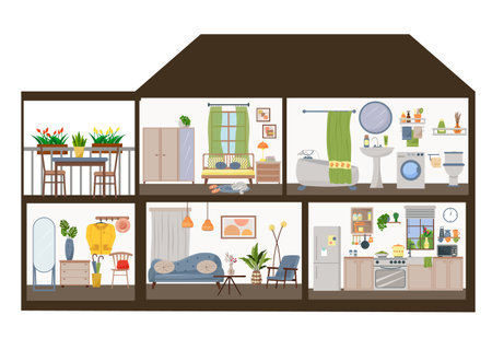 Two-story sectional cottage. Cross-section of a dolls house. Furnished rooms. Living room with sofa and armchair. Hallway with hanger and mirror. Kitchen. Bathroom. Bedroom with bed and window.のイラスト素材