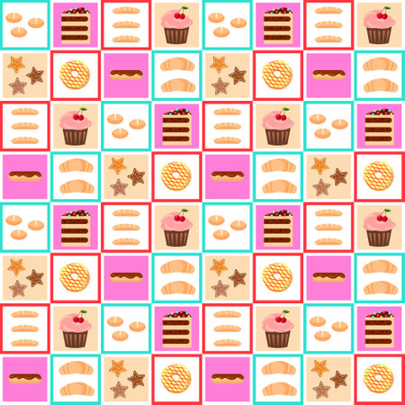 Pattern with baked goods. Colored square blocks with illustration. Buns and bread. croissants and cupcake.のイラスト素材