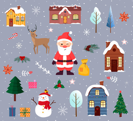 A set of elements for creating Christmas illustrations. Santa Claus and reindeer, winter houses, gifts and Christmas trees.のイラスト素材