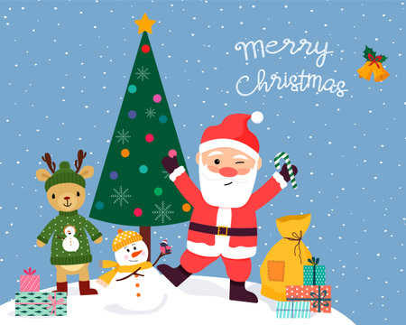 Card with Santa Claus, snowman and cute deer.のイラスト素材