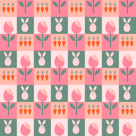 Easter pattern. Stylized rabbit and carrot. Spring flower. Colored background of squares. Easter plot.のイラスト素材