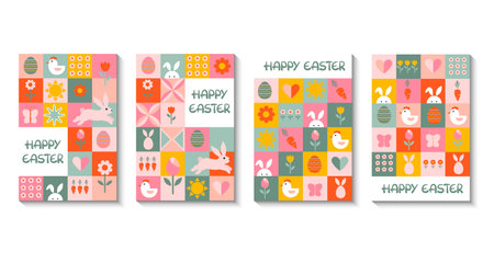 Set of Easter cards. Rabbit, chicken, eggs and flowers, decorative elements. Background of colored squares.のイラスト素材