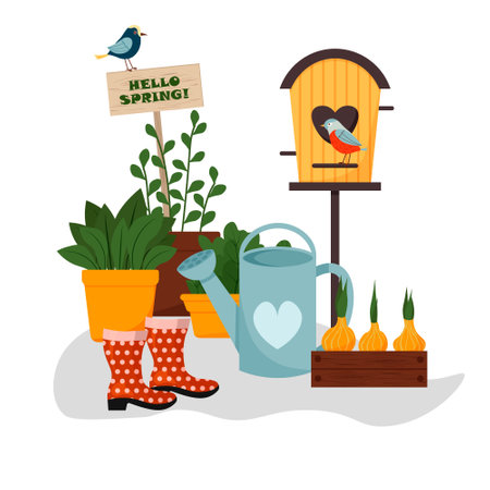 Hello spring. Postcard with a spring theme. Birdhouse with birds. Pots with plants, flower bulbs in a box. Rubber boots and a watering can. Spring birds. Wooden sign with an inscription.のイラスト素材