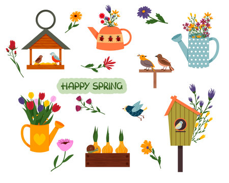 Spring set of illustrations. Flower bouquets in watering cans, a teapot with flowers, a birdhouse and birds. A box with flower bulbs. A bird feeder with chicks.のイラスト素材