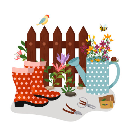 Gardening tools. Rubber boots, seeds for sowing, pruning shears and garden shears. Fence with flowers and grass. Watering can with flowers, birds and bees. Theme of spring and garden planting.のイラスト素材