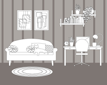 Study room. Line sketch. Desk, computer and work chair. Sofa with pillows. Pictures on the wall and shelves with personal belongings. Cat on the sofa. Flowers in pots.のイラスト素材