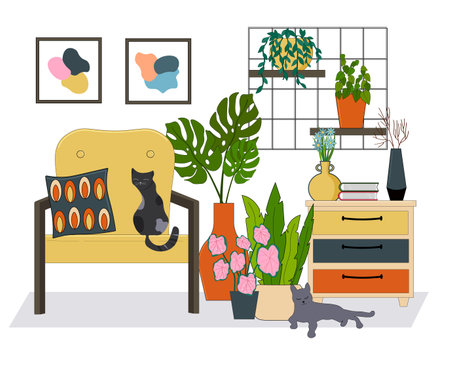Relaxation room with green plants. Home garden, greenhouse. Bedside table and armchair for relaxation. Various plants in pots. Shelves for flowers. Pictures on the wall, vases with flowers. Lying cat.のイラスト素材