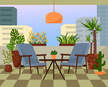 Balcony of a city house. Terrace of a house with green plants. Two armchairs and a coffee table. Flowers and boxes for seedlings. Place for rest.のイラスト素材