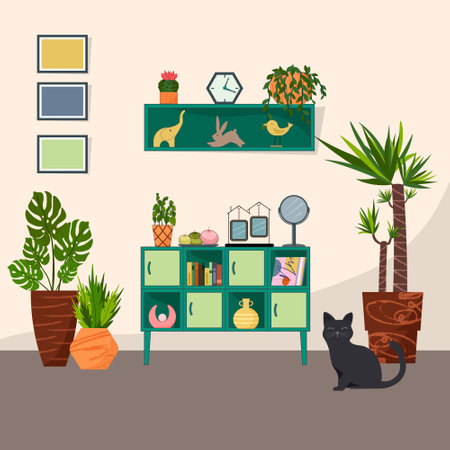 Interior design. A stand with flowers and personal items. Potted plants. Pictures on the wall. Figurines and photographs, books and gramophones.のイラスト素材