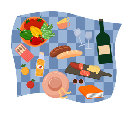 Picnic illustration. Top view. Wine bottle, glasses and cups. Wooden board with sausage and cheese. Bread and baguette. Plate with vegetables - tomatoes, peppers and salad. Apples and juice. Cutlery. Book and sunhat.のイラスト素材
