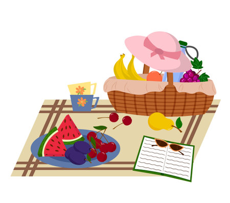 Picnic in nature. There is a basket with food on the blanket. A plate with fruits - watermelon, cherry and plum. Apples and juice. Cutlery for eating. Cups for water. A book and a sunhat. Summer season.のイラスト素材
