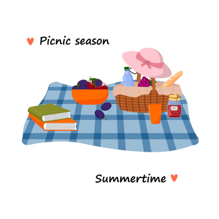 Picnic time. Seasonal recreation. Summer time. Illustration of picnic items. Picnic blanket. Bowl with fruits - plums and cherries. Jar with jam. Water, grapes and bread in the basket. Sun hat.のイラスト素材