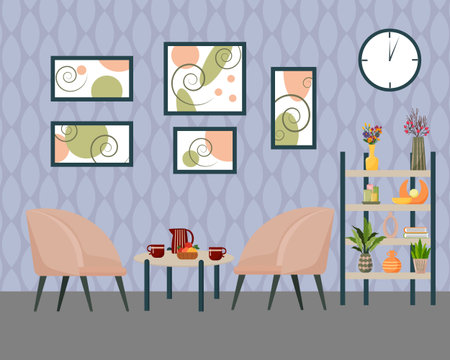 Living room interior. Two armchairs and a table. Home comfort concept. Homey furnishings. Plant stand. Paintings on the wall.のイラスト素材