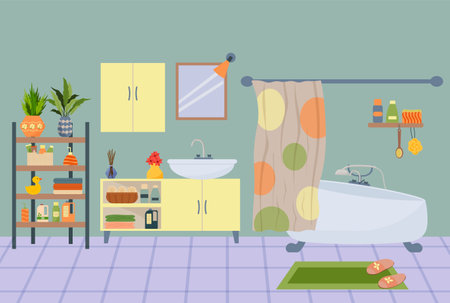 Cozy bathroom interior design with bath, sink, mirror, shelves, and various accessories and plants, for home decor concept.のイラスト素材