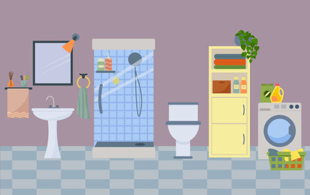 Flat cartoon bathroom illustration with toilet, shower, sink, and washing machine. Interior design concept for hygiene and household.のイラスト素材