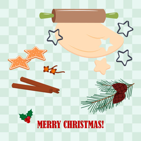 Merry Christmas greeting card with holiday baking ingredients including dough, rolling pin, cookie cutter, cinnamon sticks, holly, and pine branch.のイラスト素材