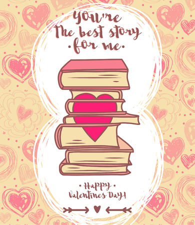Cute card for valentines day, doodle stack of books with heart, vector illustrationのイラスト素材