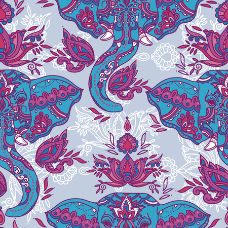 Seamless pattern with indian elephants and beautiful paisley ornamentのイラスト素材