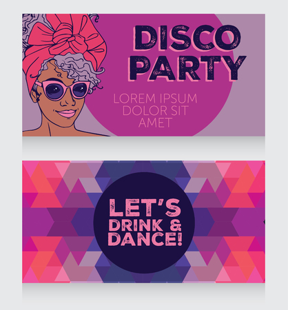 template for disco party with beautiful african american girl, vector illustrationのイラスト素材