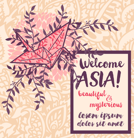 poster for welcome Asia with origami crane, vector illustrationのイラスト素材
