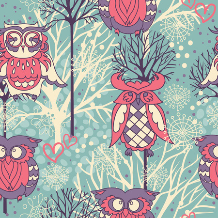 Colorful seamless pattern witn cute doodle owls, vector illustrationのイラスト素材