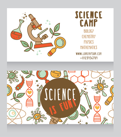 cards for science camp, bright doodle science icons, vector illustrationのイラスト素材