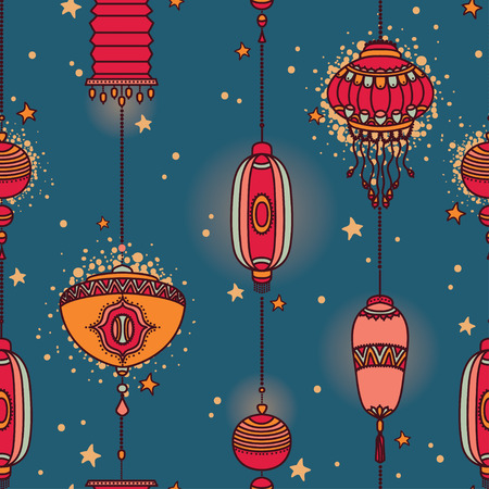 Seamless pattern with traditional chinese lanterns, can be used for chinese new year or mid autumn festival, vector illustrationのイラスト素材
