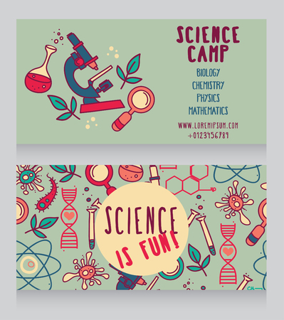 cards for science camp, bright doodle science icons, vector illustrationのイラスト素材