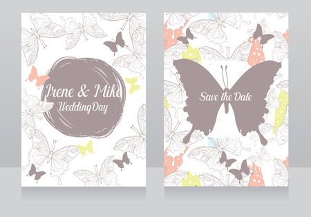 Romantic wedding invitations with butterflies, vector illustrationのイラスト素材