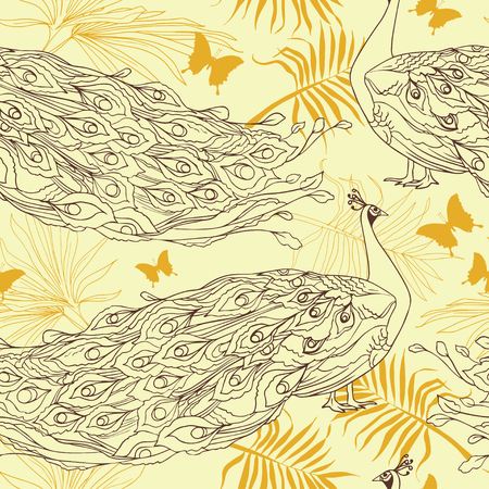 seamless background with beautiful peacocks and palm leaves, vector illustrationのイラスト素材