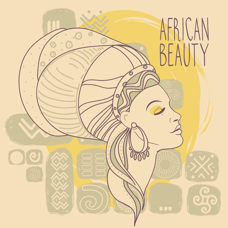 beautiful African American woman in hand drawn style, "african spirit" poster, vector illustrationのイラスト素材