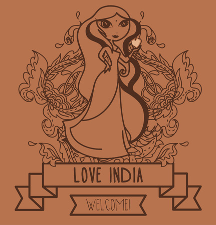 Cute doodle indian girl, banner for travel to india, vector illustrationのイラスト素材