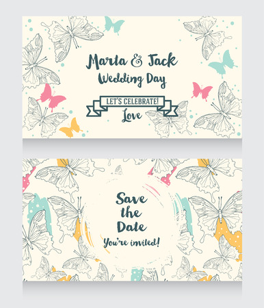 Romantic wedding invitations with butterflies, vector illustrationのイラスト素材
