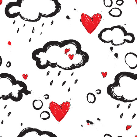seamless pattern with hand drawn clouds and hearts, vector illustrationのイラスト素材
