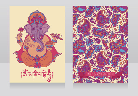 Two cards with sitting Lord Ganesha and paisley ornament, vector illustrationのイラスト素材
