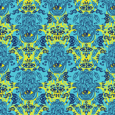 Seamless pattern with hamsa symbols, tribal tiled ornament, vector illustrationのイラスト素材