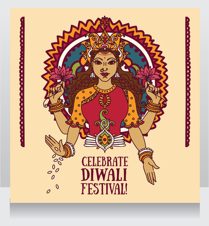 Greeting card for Diwali festival with Indian goddess Lakshmi and colourful ornament, vector illustrationのイラスト素材
