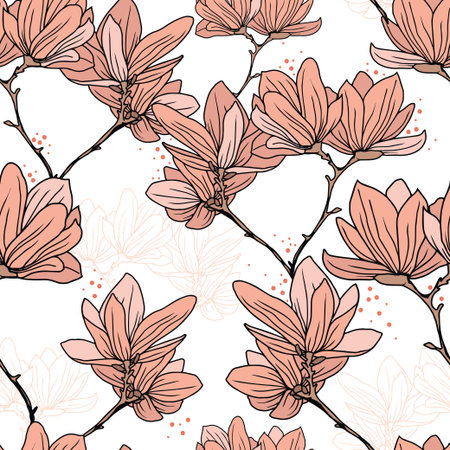 Pattern with beautiful magnolia flowers in japanese style, vector illustrationのイラスト素材
