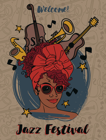 trendy woman on jazz festival poster, vector illustrationのイラスト素材