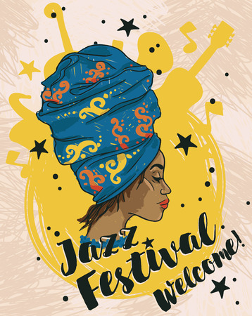 Trendy woman on jazz festival poster illustration.のイラスト素材