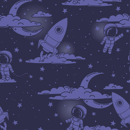 Fantasy seamless background for sweet dreams with doodle moons, clouds, astronauts and old fashioned rockets, vector illustrationのイラスト素材