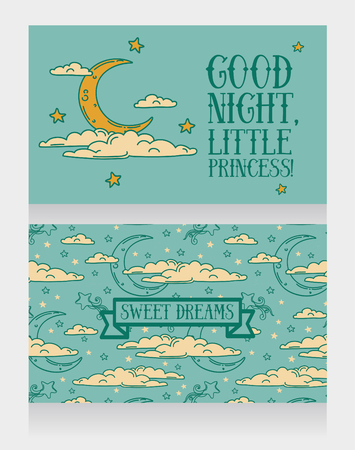 cards for sweet dreams with doodle moons and clouds, vector illustrationのイラスト素材